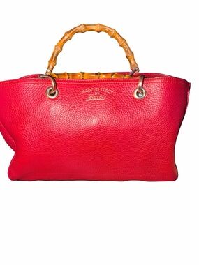 Gucci Red Pebbled Leather Bamboo Shopper Tote with Strap